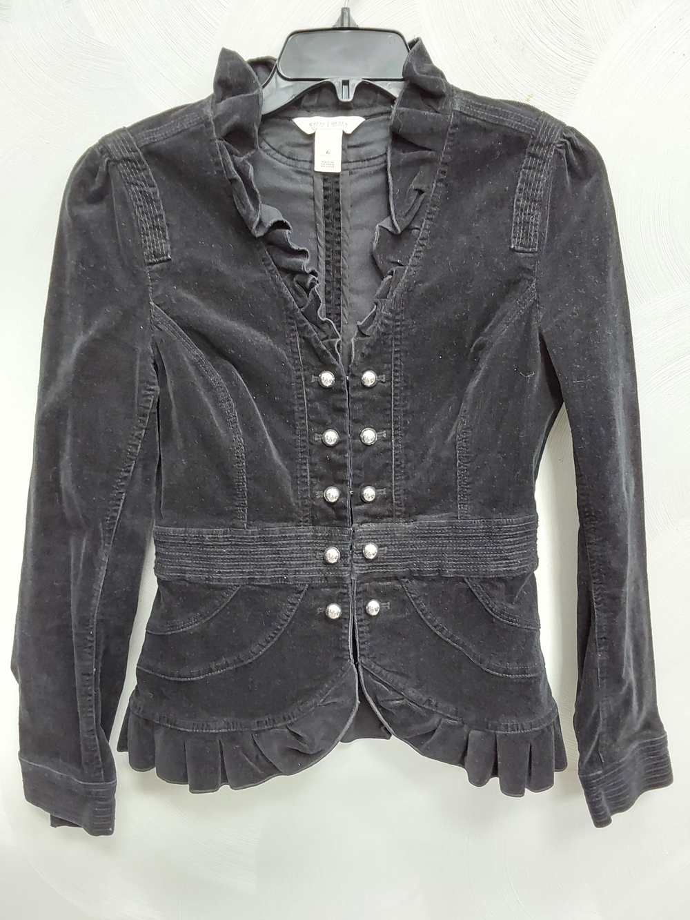 White House Black Market Black Velvet Ruffle Military Jacket 6